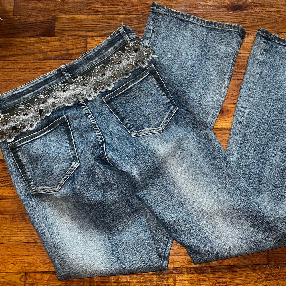 Cache Y2K Bootcut Embellished Jeans Lace Beaded Gold Jewels Jean Pant